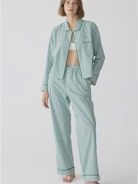 J. Crew Cotton Poplin Green and White Striped Pajama Set S